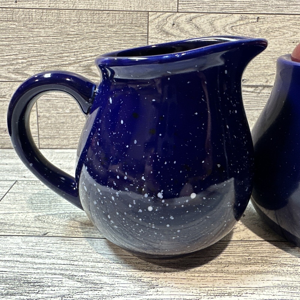 Ceramic Cobalt Blue Cream & Sugar‎ Set w/ Maroon Lid & White Speckles - Picture 2 of 6